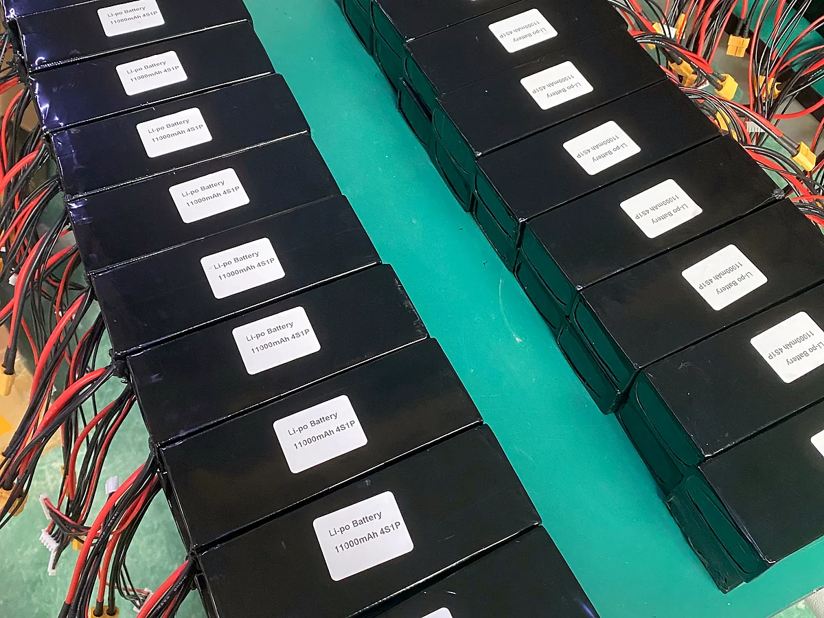 Finished Li-po drone battery packs on the production line