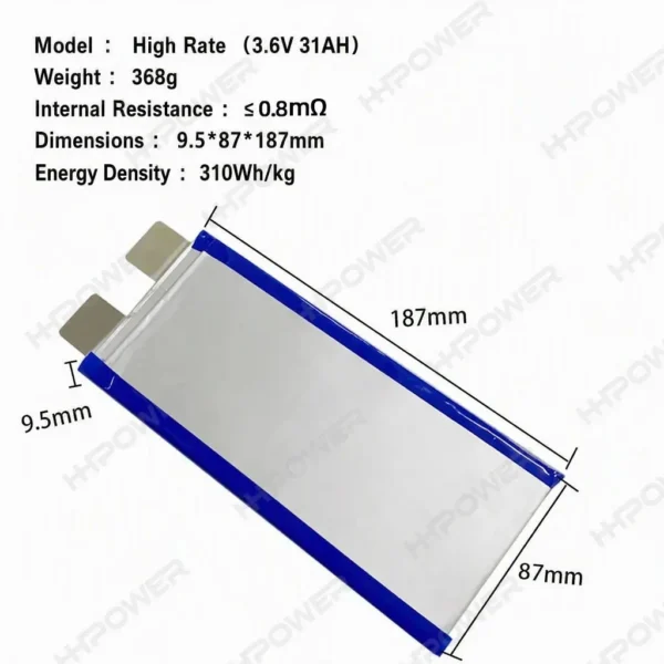 Second image of HHPOWER 3,6V 31Ah Si-C Semi-Solid State Battery 310Wh/kg 10C Drone Battery
