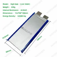 3.6V 39Ah UAV battery dimensions: 10.8 x 88 x 188 mm, 430 g weight, internal resistance ≤0.8 mΩ, 326Wh/kg energy density