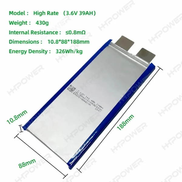 Second image of HHPOWER 3,6V 39Ah Si-C Semi-Solid State Battery 326Wh/kg 10C High Rate Discharge NMC