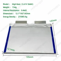 3.6V 56Ah UAV battery dimensions: 12.1 x 195 x 145 mm, 734 g weight, 0.4 mΩ internal resistance, 275Wh/kg energy density