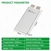 3.7V 22Ah drone battery cell dimensions 9.6 x 74 x 172mm and specification table, 290Wh/kg, 1.0mΩ internal resistance, 277g