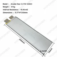 Anode-free 52Ah battery cell dimensions 250 x 74 x 9.5mm with 472g weight and approximately 0.96mΩ internal resistance