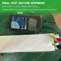 Final internal resistance and voltage test on an anode-free 52Ah battery cell before shipment, measured on a handheld battery meter