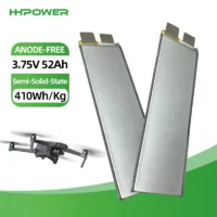 HHPOWER 3.75V 52Ah anode-free semi-solid-state battery cell at 410Wh/kg, shown with a drone airframe