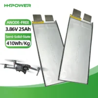 HHPOWER 3.86V 25Ah anode-free semi-solid-state battery cell with 410Wh/kg energy density, shown with a drone