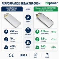 Anode-free battery versus conventional NMC battery: 410 vs 250Wh/kg energy density, 6.9 vs 10mm thickness, 240 vs 400g weight