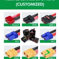 Custom drone battery pack connector options including Deans T-Plug, XT30, XT60, XT90, XT90-S, QS8-S, EC3 and EC5