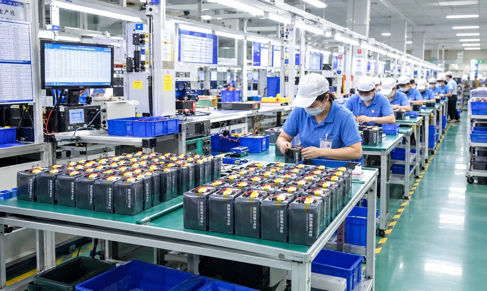 Battery pack assembly line at HHPOWER factory - workers assembling lithium battery packs for UAV and industrial use