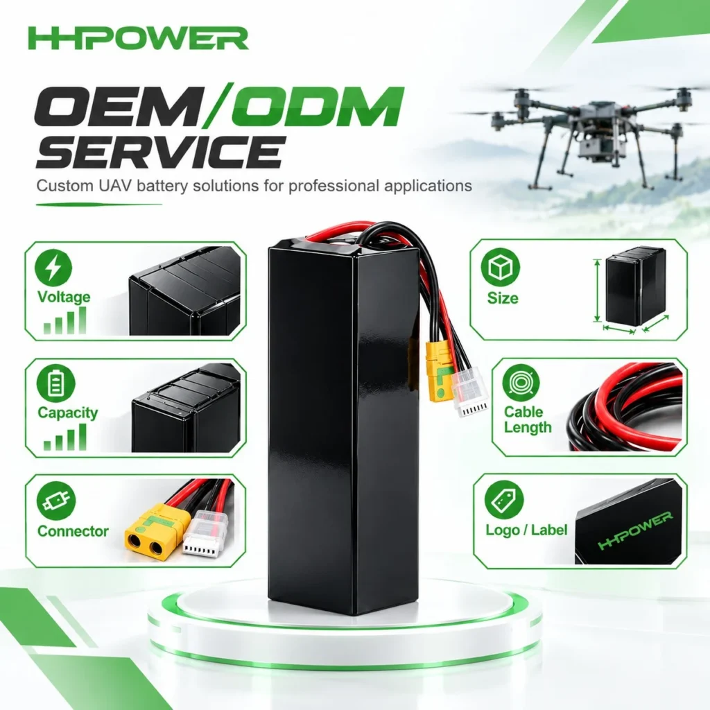 HHPOWER OEM/ODM UAV battery pack with six customization options: voltage, capacity, size, cable length, connector and custom logo label