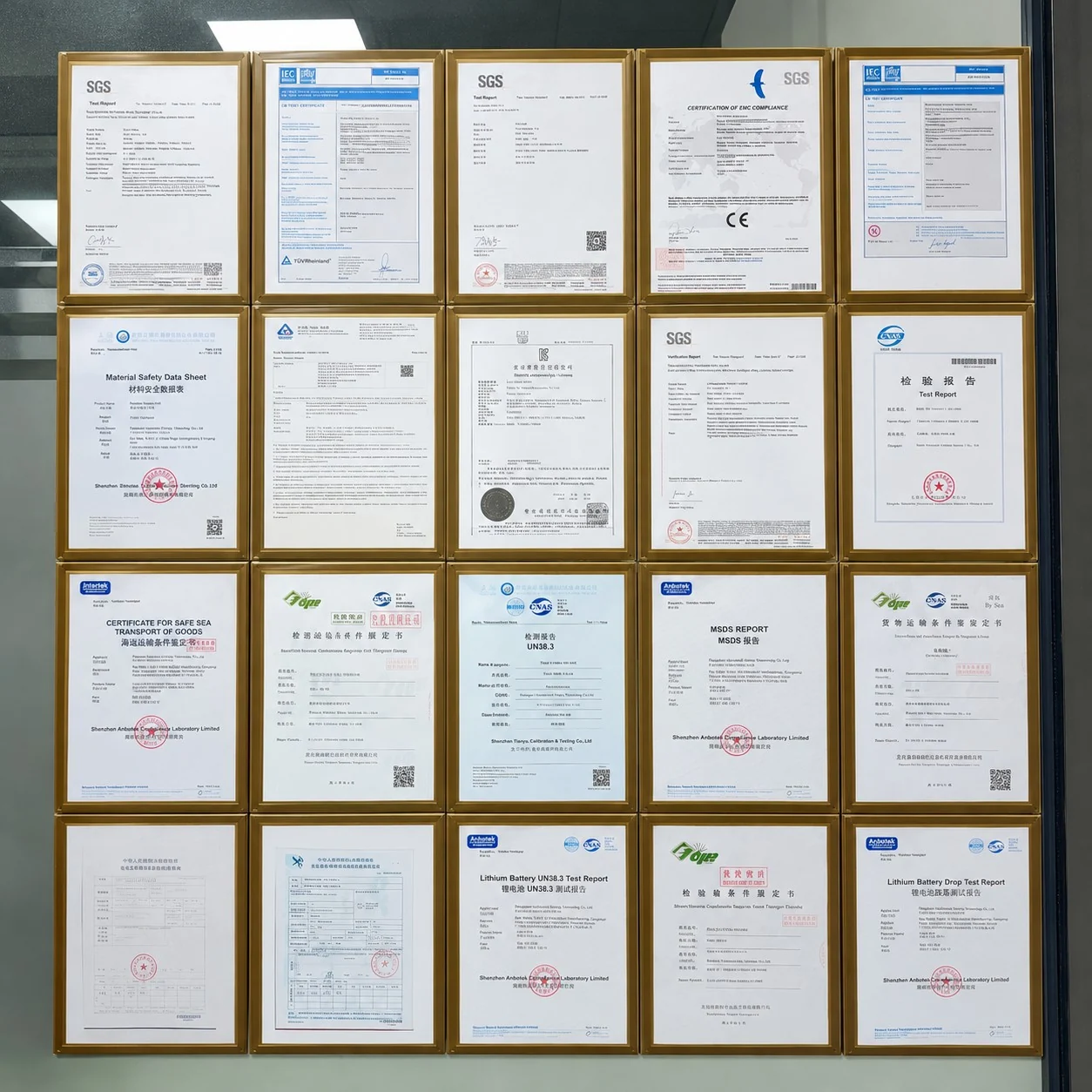 HHPOWER certificate wall with SGS, CE, IEC 62133, UN38.3 and MSDS test reports for lithium batteries