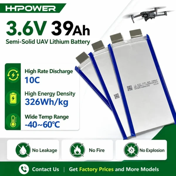 HHPOWER 3,6V 39Ah Si-C Semi-Solid State Battery 326Wh/kg 10C High Rate Discharge NMC
