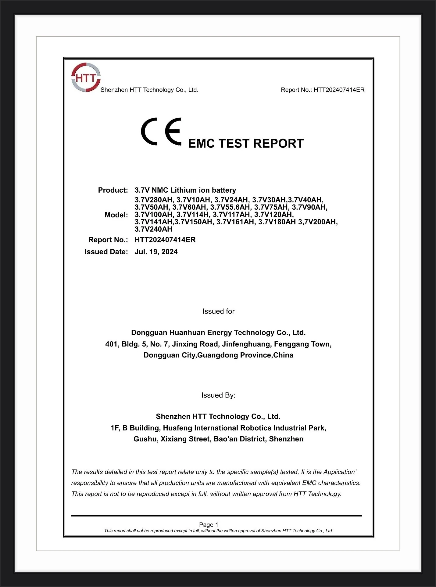 CE EMC Test Report for 3.7V NMC Lithium-ion Battery - HHPOWER