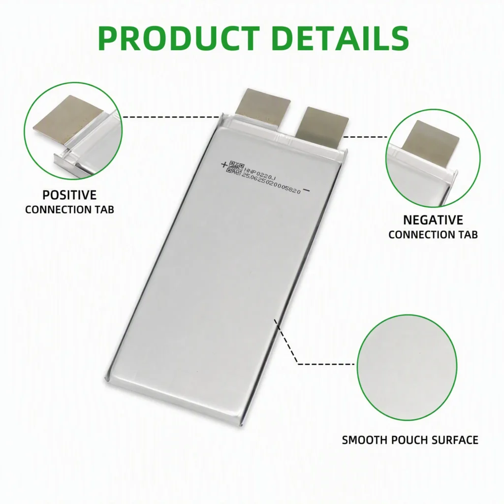 Close-up of semi-solid-state drone battery cell showing positive and negative connection tabs and smooth aluminium pouch surface